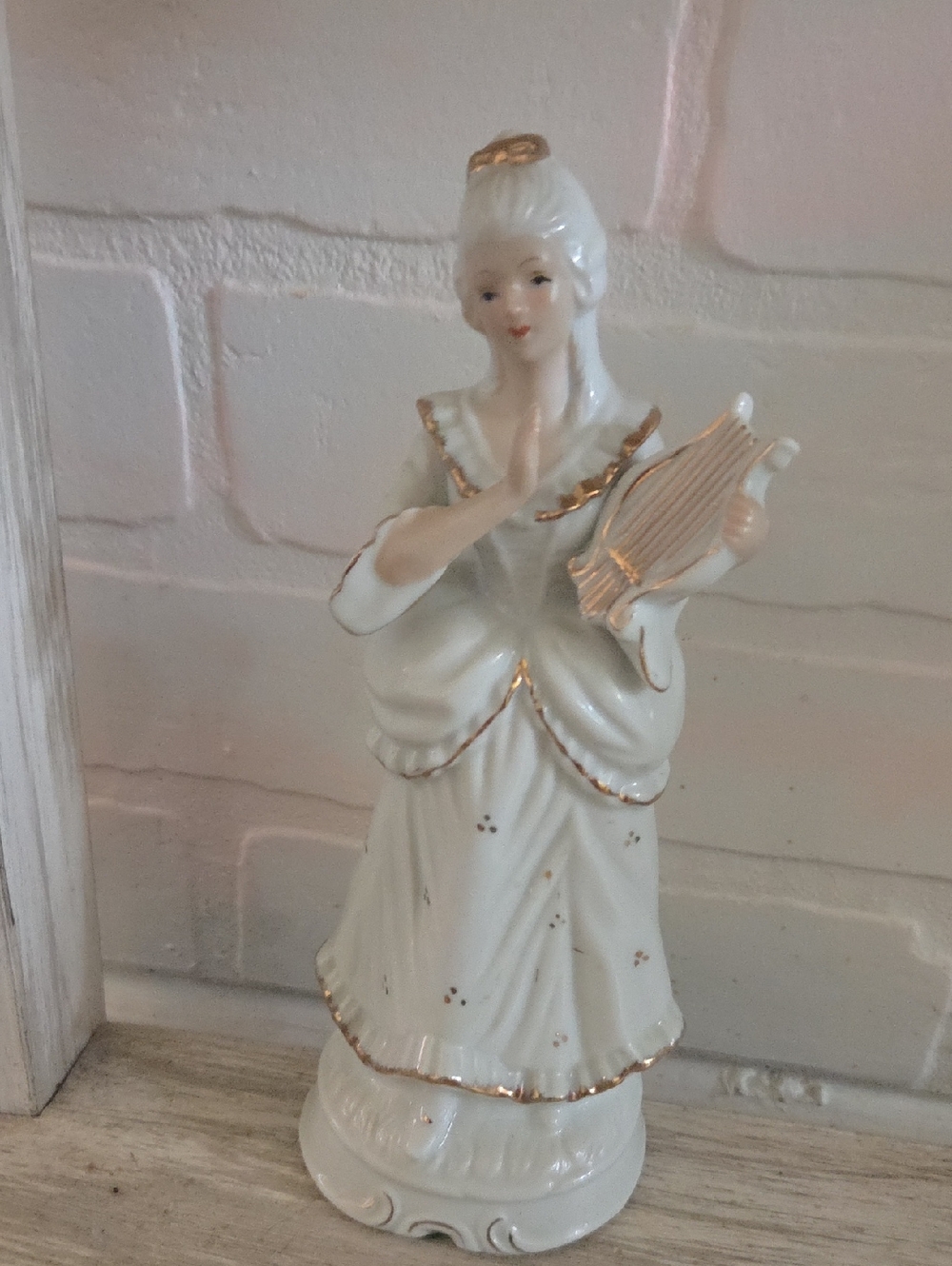 Porcelain Lady Figurine with Lyre - White and Gold Accent